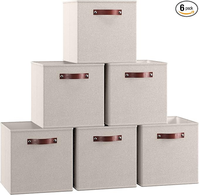 Ornavo Home 11 x 11 Storage Cube Bins, Foldable Collapsible Fabric Storage Bins Box Linen Shelf Basket Cube Organizer for Closet with Leather Handles, 6 Pack, Beige