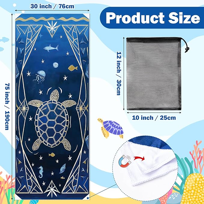 Turtle Magnetic Beach Towel - 74.8"x30" Sand Free Quick Dry Microfiber Towel with Built-in Magnets Lightweight for Beach Chair Car Door Pool Travel Camping Yoga with Storage Bag