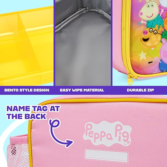 Get Trend Peppa Pig Lunch Bag, Lunch Box, Water Bottle for Kids 3 Piece Set Bento Box, Insulated Snack Container, Meal Holder Gifts for Kids (Multi Peppa Pig)