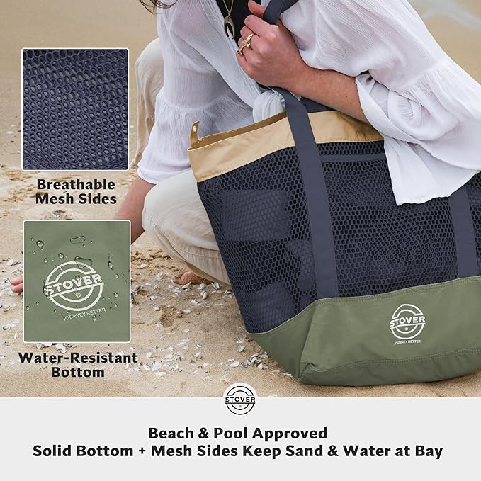 STOVER Extra Large Mesh Beach Bag, Vacation, Pool, Shopping & Travel Tote - Foldable w/Storage Pouch & Pockets for Women, Men