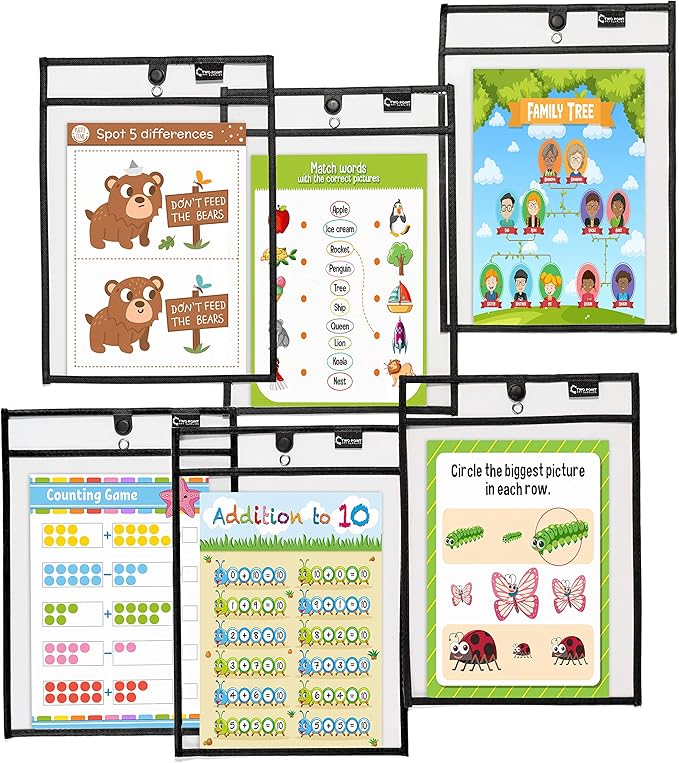 Magnetic Dry Erase Pockets by Two Point (6-Pack) - Portrait - Black Dry Erase Pocket Sleeves, Job Shop Ticket Holders, Clear Paper Sleeves Protectors, Magnetic Pouch