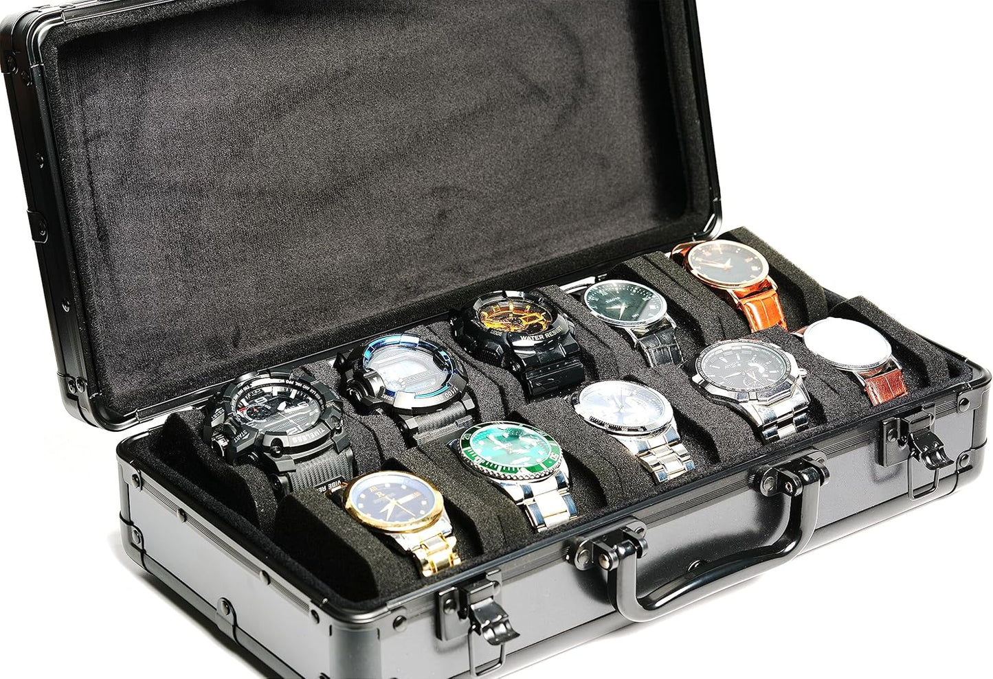 10 slots Aluminum watch case, Hard Deluxe watch storage organizer box with soft foam padding snug fit watches up to 55mm face