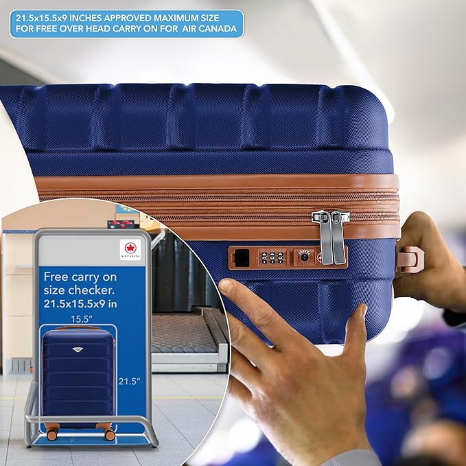 Flight Knight 21.5x15.5x9 Expandable Carry On Suitcase Hardside TSA Lock & USB C Port Lightweight Luggage Silent Double Spinner Wheels Maximum Canada Air Overhead Bag Airlines Approved Navy/Tan
