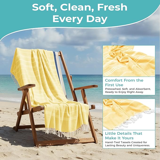 Turkish Beach Towel with Hidden Zipper Pocket 100% Cotton Oversized 72 x 37 Inches Quick Dry Sand Free Lightweight Compact for Beach, Pool, Travel, Bath, and Yoga (Light Yellow)