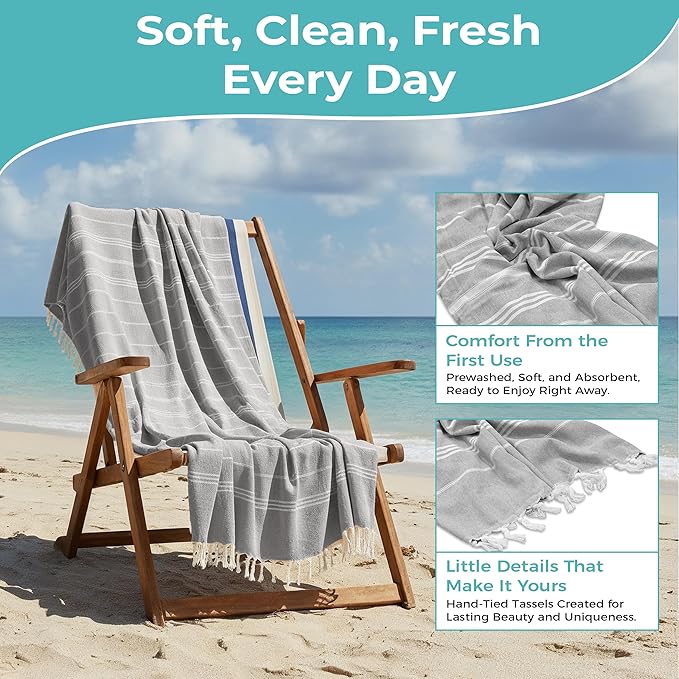 Turkish Beach Towel with Hidden Zipper Pocket 100% Cotton Oversized 72 x 37 Inches Quick Dry Sand Free Lightweight Compact for Beach, Pool, Travel, Bath, and Yoga (Light Gray)