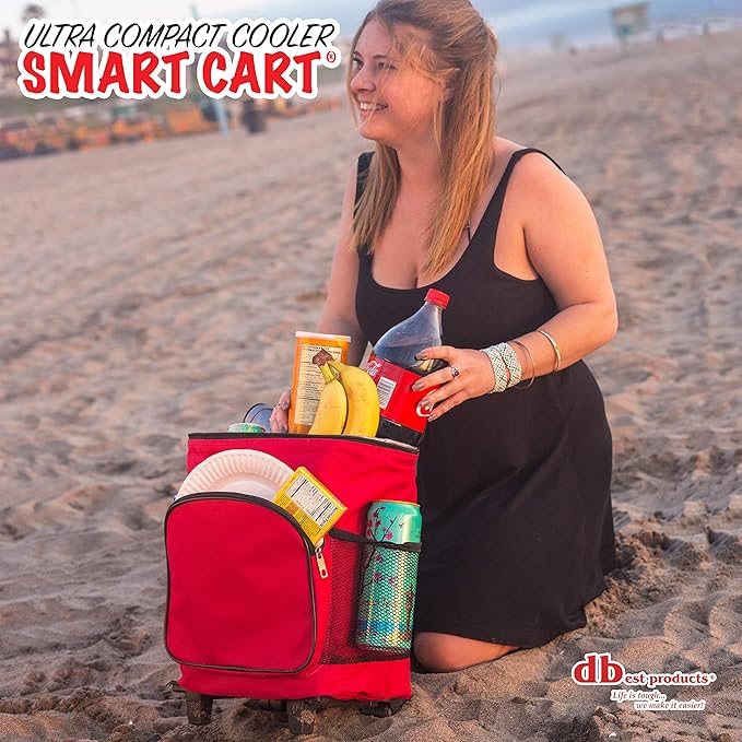 dbest products Ultra Compact Cooler Smart Cart, Red Insulated Collapsible Rolling Tailgate BBQ Beach Summer