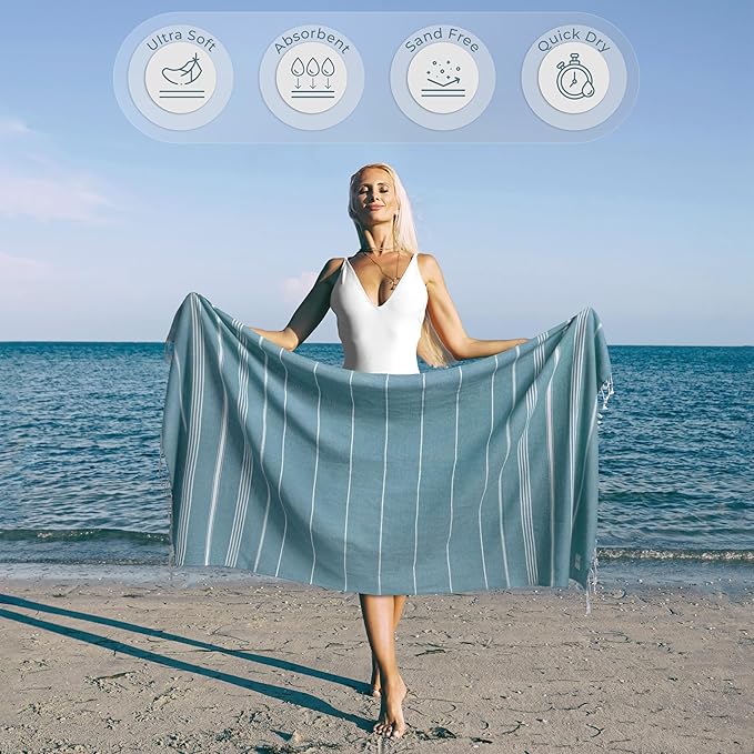 Turkish Beach Towel Quick Dry & Absorbent Extra Large (39" x 71") - Compact, Versatile and Functional as Picnic and Travel Blanket, Bath, Gym, Camping and Pool Towel - Mint