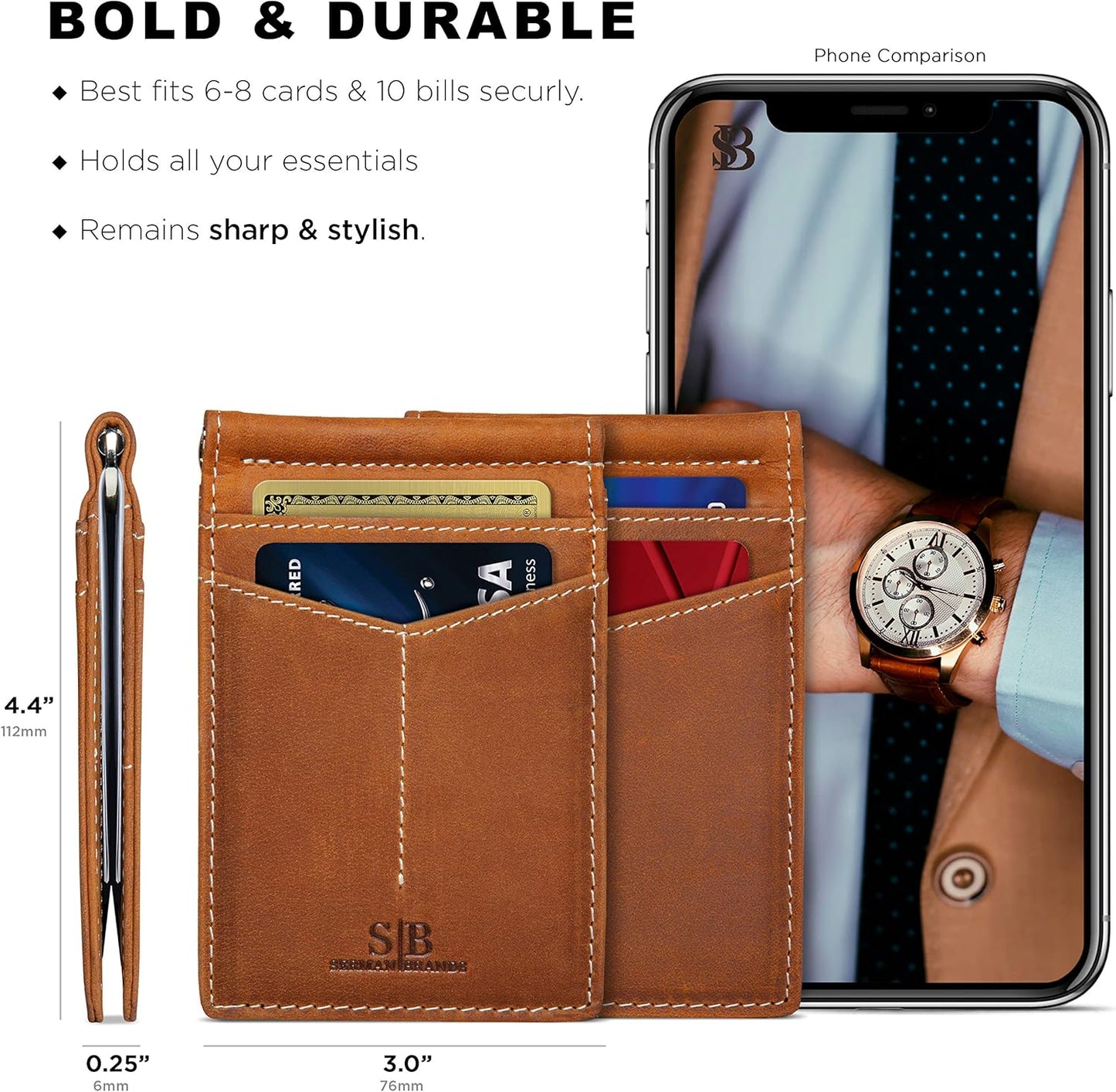 SERMAN BRANDS RFID Blocking Wallet Slim Bifold - Genuine Leather Minimalist Front Pocket Wallets for Men with Money Clip Gift