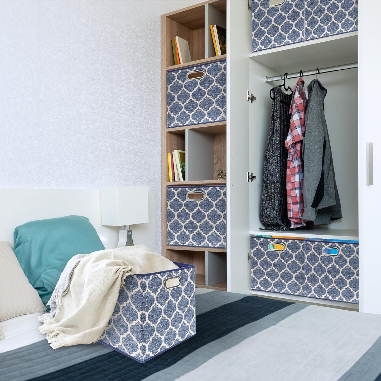 SIMPLE HOUSEWARE 13-Inch Collapsible Fabric Cube Storage Bin with Handles, Printed Design, 3 Pack, Steel Blue