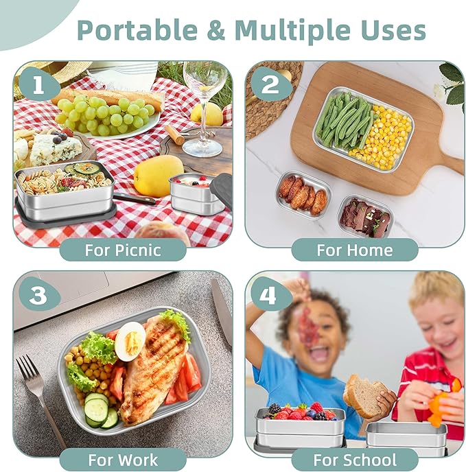 HaWare 8oz*2+25oz Stainless Steel Lunch Box for Kids, Leak Proof Lunch Containers with Silicone Lids, Easy Open Food Storage Container for School and Daycare, Portable Metal Bento Box, Dishwasher Safe
