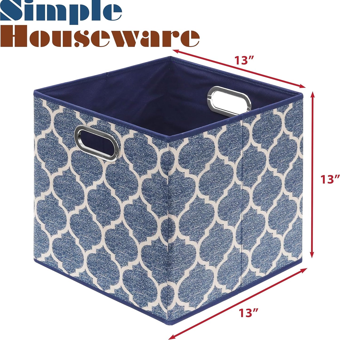 SIMPLE HOUSEWARE 13-Inch Collapsible Fabric Cube Storage Bin with Handles, Printed Design, 3 Pack, Steel Blue