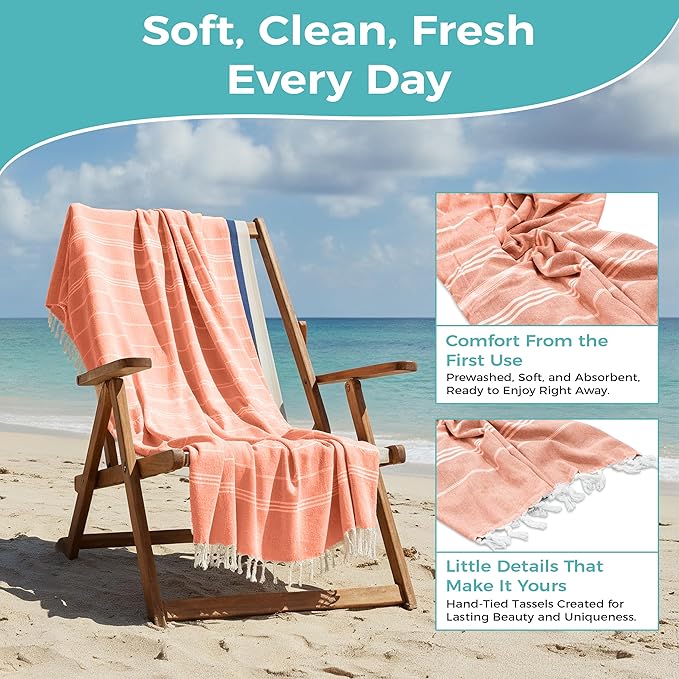 Turkish Beach Towel with Hidden Zipper Pocket 100% Cotton Oversized 72 x 37 Inches Quick Dry Sand Free Lightweight Compact for Beach, Pool, Travel, Bath, and Yoga (Light Orange)
