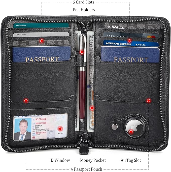 Polare Full Grain Leather Passport Holder Cover Case for Men RFID Blocking Travel Wallet Holds 4 Passports (Black with AirTag Slot)