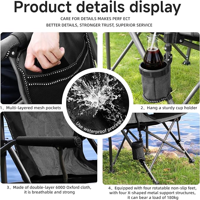Folding Camping Chair with Cup Holder and Storage Bag, Heavy Duty Support 400 LBS, Oversized Collapsible Portable Camping Chair for Outdoor Camp, Picnic, Travel, Fishing Grey