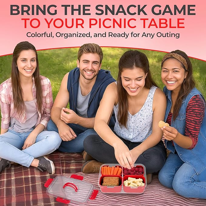 Snackle Box Container with Lid- Travel Charcuterie Box with Handle - Organizer for Candy, Fruit, Nuts, Veggies, Snacks, Beach Essentials, Portable Lunch Box (Red, Small)
