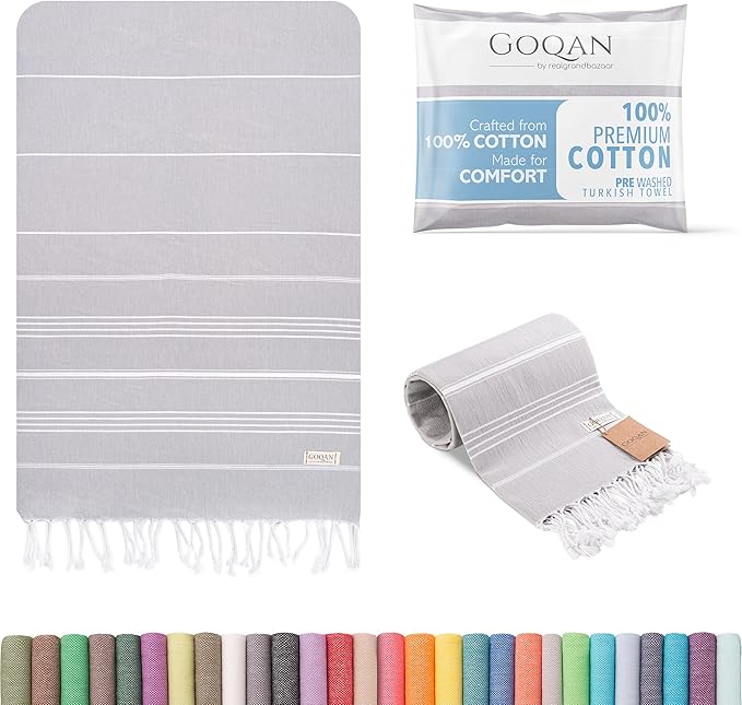 GOQAN Turkish Beach Towel Oversized 39x71 | Thin, Lightweight, 100% Cotton and Sand Free Towel is Suitable for Beach, Bathroom, Pool, Travel, Swim & Gift - Grey