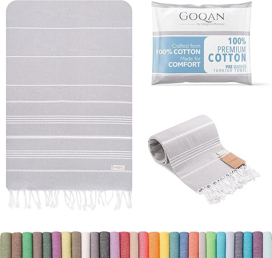 GOQAN Turkish Beach Towel Oversized 39x71 | Thin, Lightweight, 100% Cotton and Sand Free Towel is Suitable for Beach, Bathroom, Pool, Travel, Swim & Gift - Grey