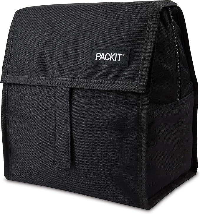 PackIt Freezable Lunch Bag,Black,Built with EcoFreeze Technology,Foldable,Reusable,Zip and Fold Closure with Buckle Handle,Perfect for School and Office Lunches,(Pack of 12)