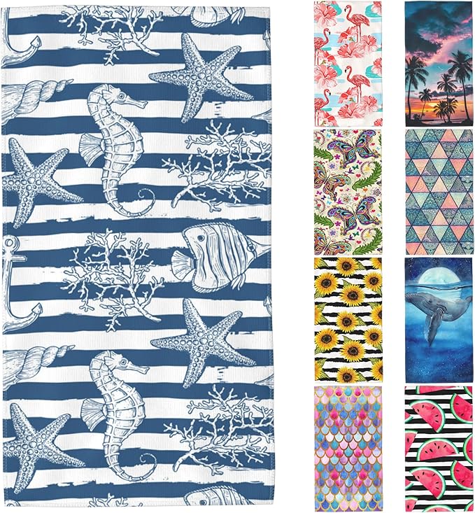 Starfish Microfiber Beach Towels,Underwater Starfish Seahorse with Coral on Stripes Oversized Absorbent Bath Towels,Soft Quick Dry Thin Camping Towel for Adults Women Men,29.5"×59"