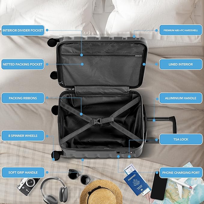 Flight Knight 21.5x15.5x9 Expandable Carry On Suitcase Hardside TSA Lock & USB C Port Lightweight Luggage Silent Double Spinner Wheels Maximum Canada Air Overhead Bag Airlines Approved Charcoal