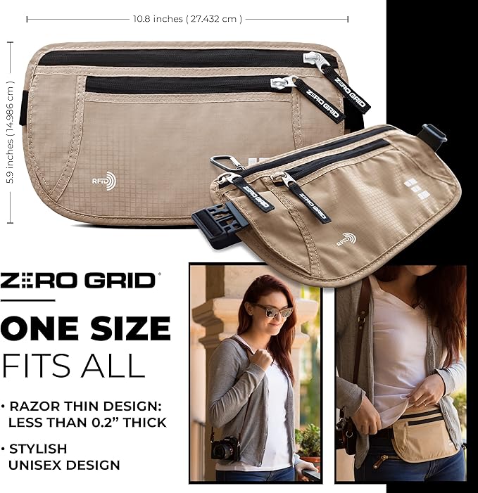 Travel Money Belt 2-Pack (Ash & Beige) – RFID Blocking Hidden Waist Pouch Set – Slim Passport Holder & Under Clothes Security Fanny Pack – Water-Resistant Travel Wallet for Men & Women