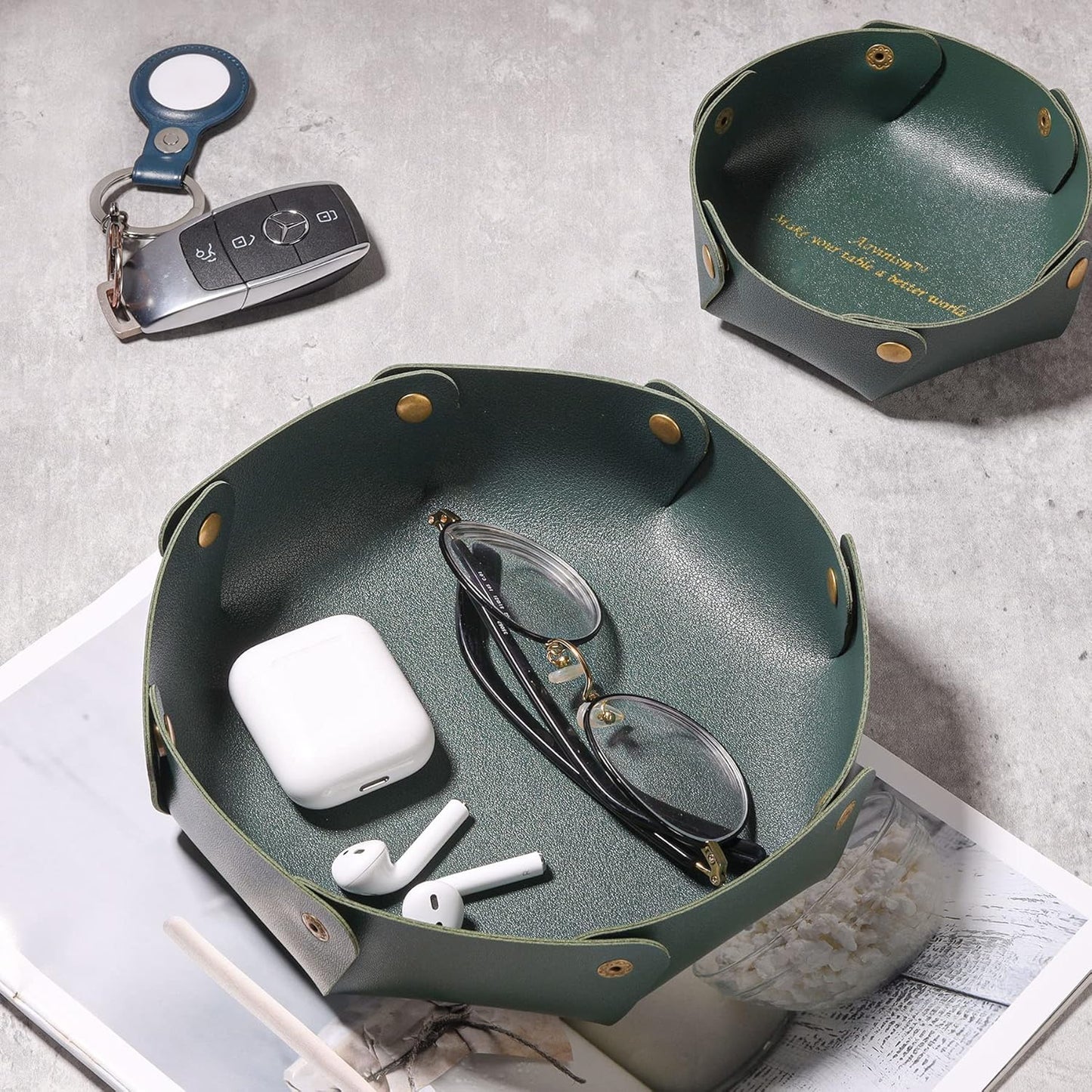 Leather Valet Trays,Premium Catchall Trays,Jewelry Trays, Folding Travel Organizer,Decorative Desk Organizer for RPG Game Players, Office/Home Organization Baskets(2PCS) (Green)