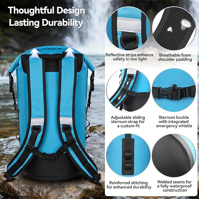 MARCHWAY Floating Roll Top Dry Bag, Flexible Lightweight TPU Waterproof Backpack 20L/30L/40L with Padded Straps for Boating, Kayaking, Swimming, Hiking, Beach (Blue, 30L)