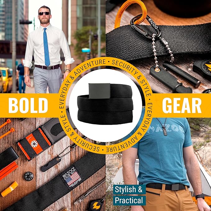 Wazoo Cache Belt for Men with Hidden Pocket, Adjustable Anti-Theft Travel Belt, Nylon with Stainless Steel Buckle