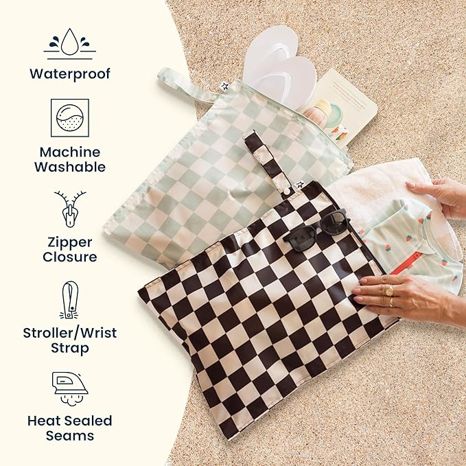 Tiny Twinkle Mess Proof Wet Bags | 2-Pack Reusable Waterproof Wet Bags for Swimsuits | Baby Clothes | Travel & Diaper Bag (Pink, Brown Checkers)