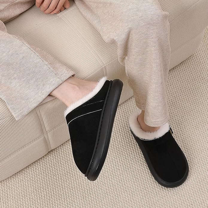 Close Toe Slip On Cotton Slippers with Breathable Faux Fur Memory Foam House Slippers for Women Warm Fuzzy Indoor Slippers with Non-Slip Rubber Sole