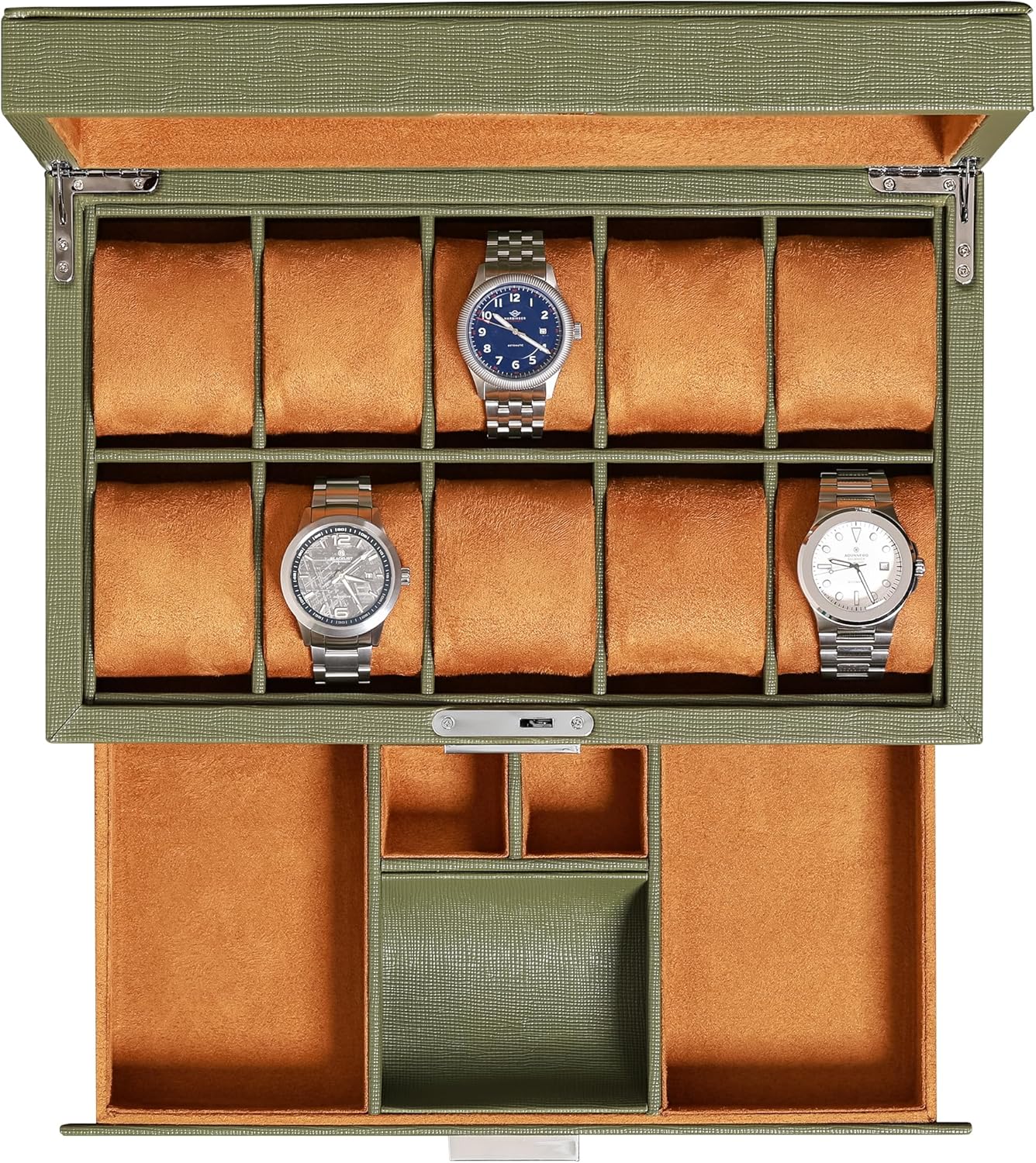 ROTHWELL 10-Slot Watch Box in Leather with Valet Drawer, Luxury Watch Case Display Organizer with Ultra Soft Microsuede Liner, Jewelry and Sunglass Holder With Large Glass top (Green/Tan)
