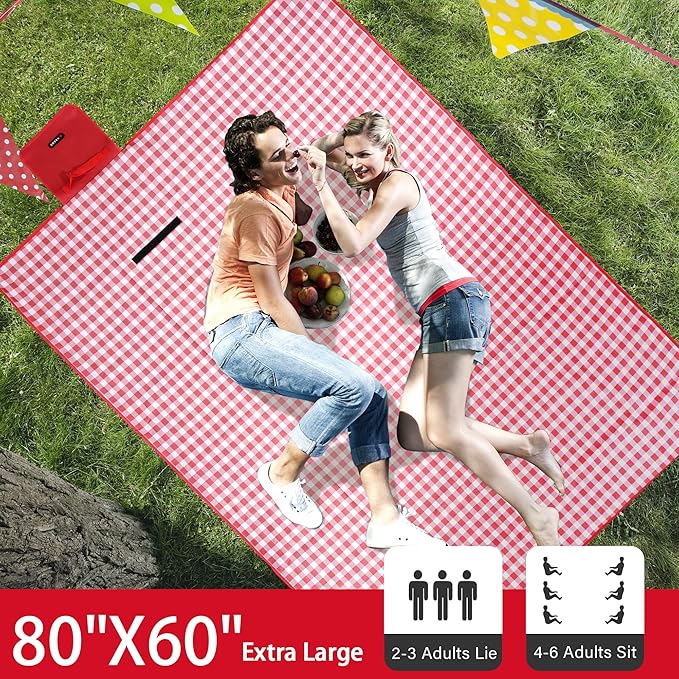 HX&OD Picnic Blanket Outdoor Extra Large Picnic Mat 80"X60" Camping Blanket Beach Blanket Foldable Waterproof Sand Mat Hiking Travel Family Concerts(Red)