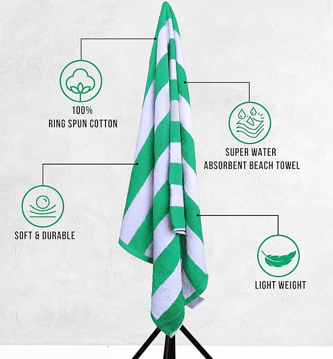 Utopia Towels 4 Pack Cabana Stripe Beach Towel, 30 by 60 Inches, Oversized 100% Ring Spun Cotton Pool Towels, Highly Absorbent Quick Dry Bath Towels for Beach, and Swim, Green