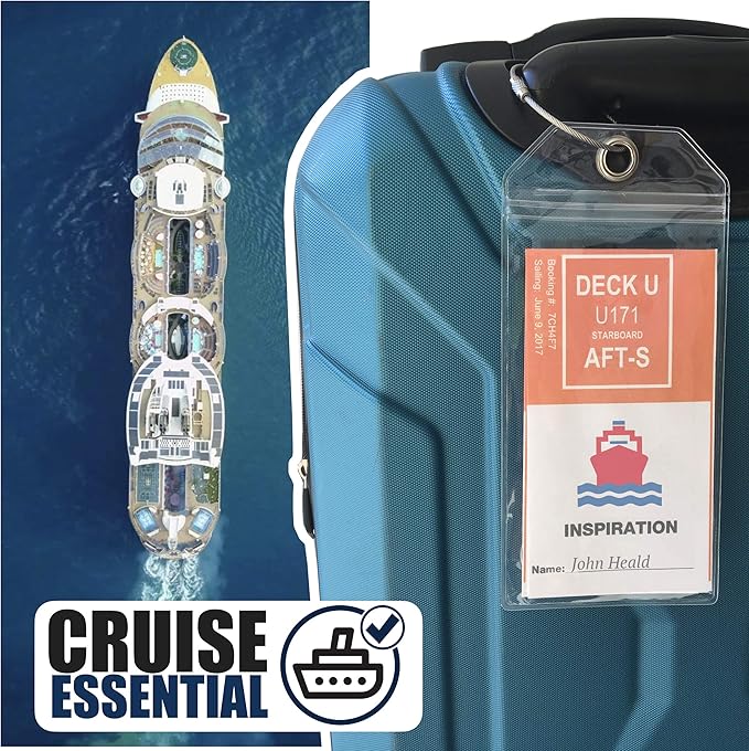 Cruise On Cruise Luggage Tag Holder [4 Pack] - Fits All Carnival & Seabourn Ships & Tags - Cruise Essentials 2026 & 2027 - Waterproof & Clear Luggage Tags