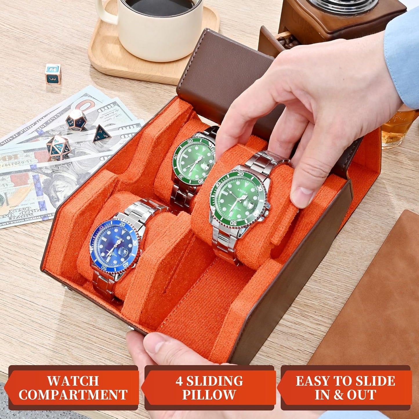 Watch Roll Travel Case for 4 Watchs Storage and Organizer,Leather Watch Box with Innovative Slide Pillows & Solid Dividers for Home, Protect and Display