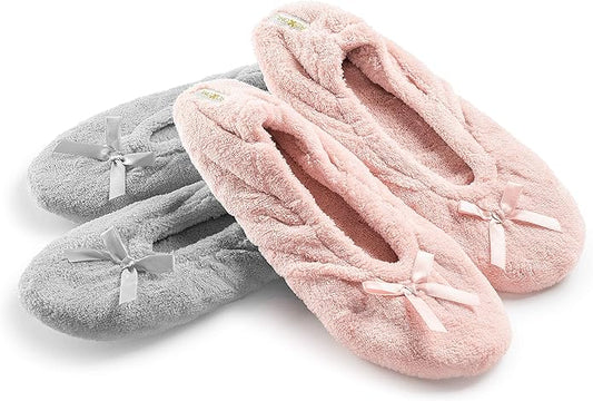 Roxoni Women's Terry Classic Cotton & Velour Ballerina Slippers (Pack of 2)