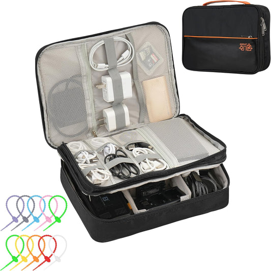 Electronics Accessories Organizer Bag, Waterproof Double LayerTravel Cable Organizer Case for Cords, Charger, Power Bank,Hard Drive, Mouse -Shockproof Tech Storage Pouch (Classic-two layers-Black)