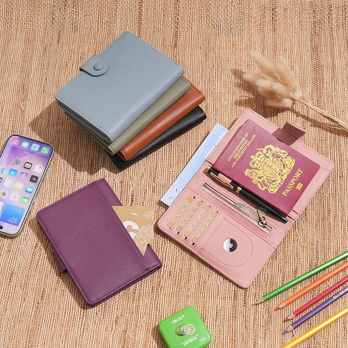 WASON Leather Passport Cover Wallet - Travel Passport Holder with RFID, Card Slots, Cash Pocket, Coin Purse, Tracker Slot, Boarding Pass and Ticket Organizer for Men and Women (Pink)