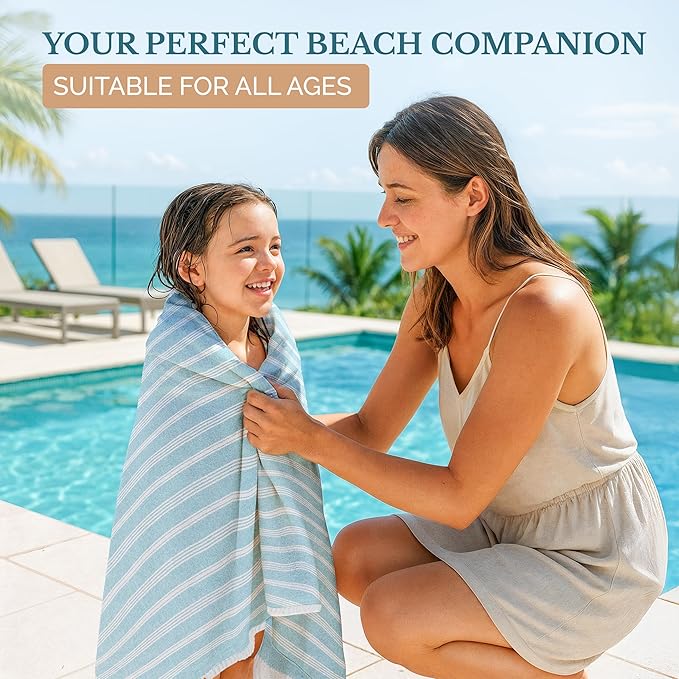 Casa Platino Pre-Washed Large Beach Towels, 39"x71" Lightweight and Soft Oversized Towel, Quick Dry Sand Free Fabric for Outdoor Use, Great for Lounging, Sunbathing, or Drying Off – Ice Blue