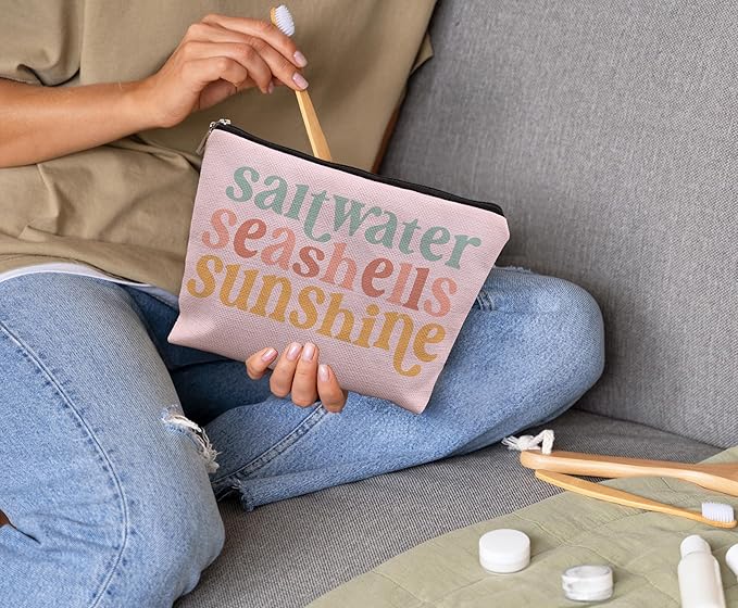 Beach Makeup Bag,Sunscreen Summer Travel Makeup Pouch,Saltwater Seashells Sunshine Travel Cosmetic Zipper Bags for Women,Beach Gifts for Women (color-04)