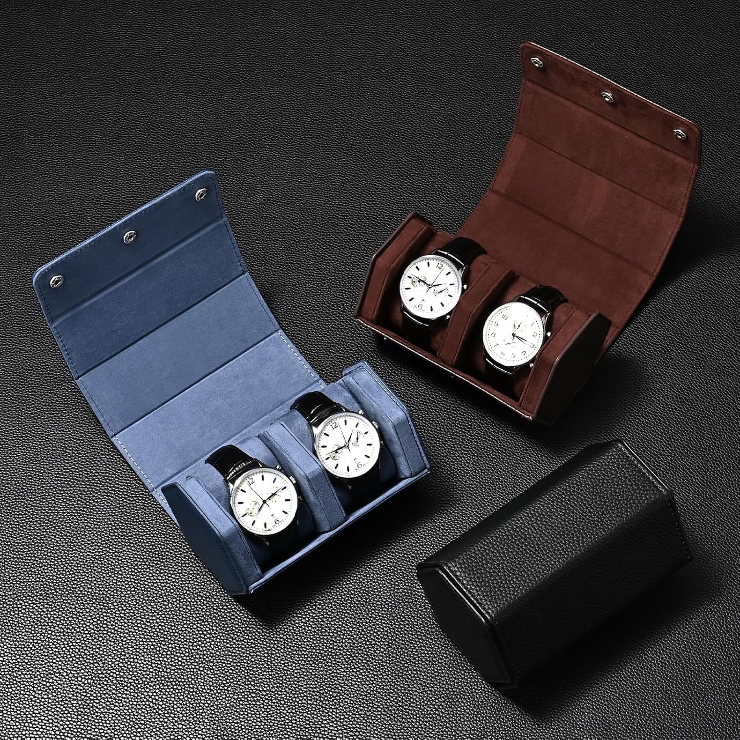 Oirlv Luxury Hexagonal Leather Watch Travel Case Watch Organizer Case for Men Portable Jewelry Storage Roll Organizer(2-Slot,Blue)