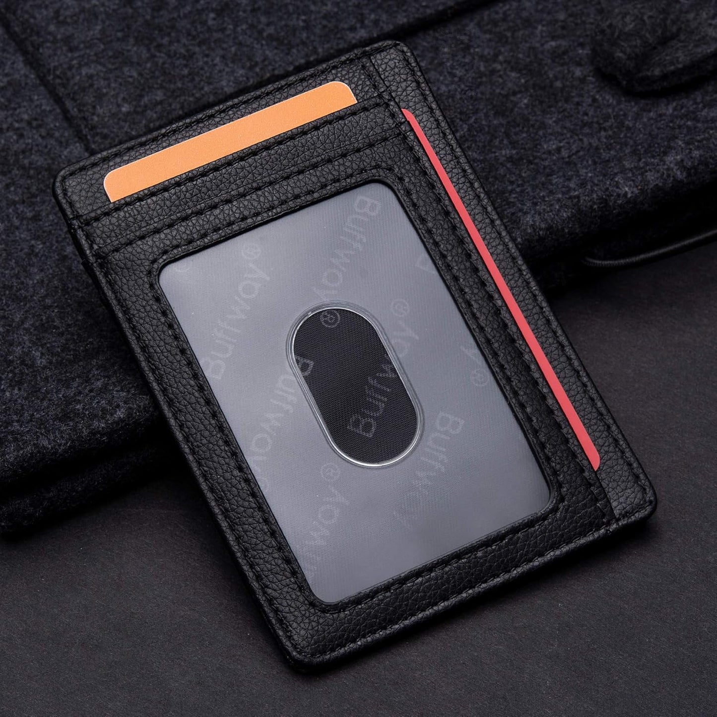 Buffway Slim Minimalist Front Pocket RFID Blocking Leather Wallets for Men and Women - Lichee Black