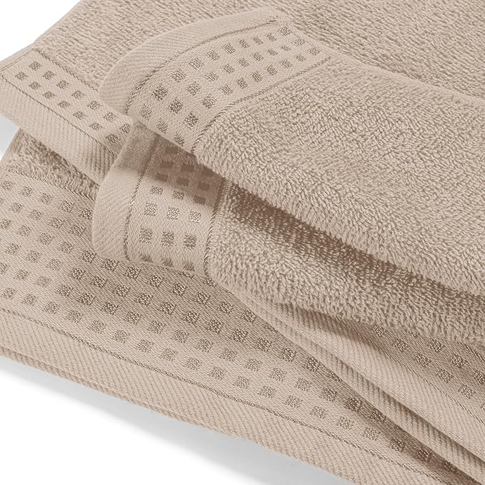 GLAMBURG Ultra Soft 3 Pack Cotton Towel Set, Contains a Bath Towel 28x55 inch, a Hand Towel 16x24 inch & a Wash Coth 12x12 inch, Ideal Everyday use, Compact & Lightweight - Tan