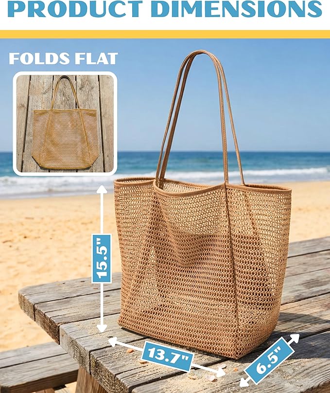 Rave Envy Beach Tote Bag for Women – Waterproof Mesh Tote Bag, Large Capacity Sandproof Beach Bags for Travel