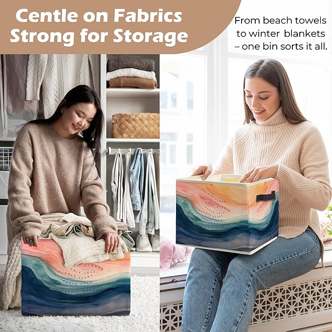 Abstract Mental Health Storage Bin Box with Handles, Watercolor Inhale Exhale Anxiety Relief Foldable Linen Fabric Laundry Basket for Home Therapy Office Clothes Toys Books