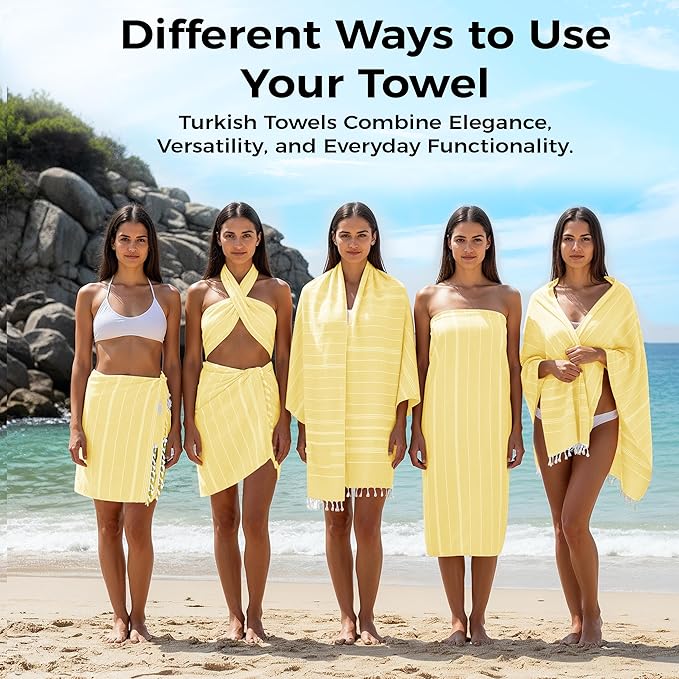Turkish Beach Towel with Hidden Zipper Pocket 100% Cotton Oversized 72 x 37 Inches Quick Dry Sand Free Lightweight Compact for Beach, Pool, Travel, Bath, and Yoga (Light Yellow)
