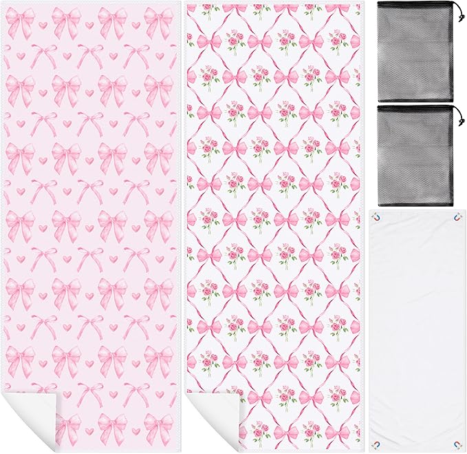 2 Pack Magnetic Beach Towel- 75"x30" Coquette Pink Bow Sand Free Quick Dry Microfiber Towel with Built-in Magnets Lightweight for Beach Chair Car Door Pool Travel Yoga with Storage Bag