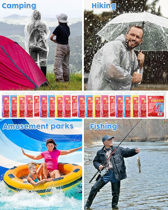 JaGely 80 Pack Disposable Adult Rain Ponchos Bulk Wedding Family Travel Theme Parks Homeless Hooded Elastic Outdoor Raincoat(Clear)