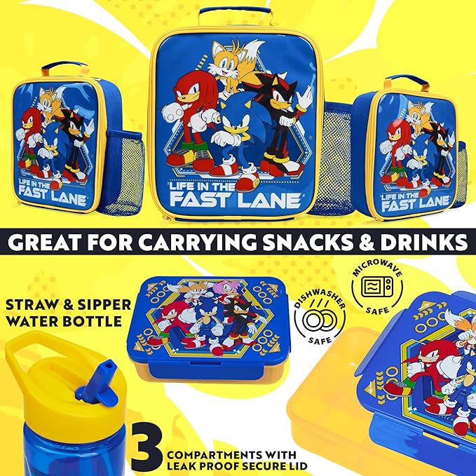 Get Trend Sonic the Hedgehog Lunch Bag, Lunch Box, Water Bottle for Kids 3 Piece Set Bento Box, Insulated Snack Container, Shadow Gifts for Kids (Multi Sonic)
