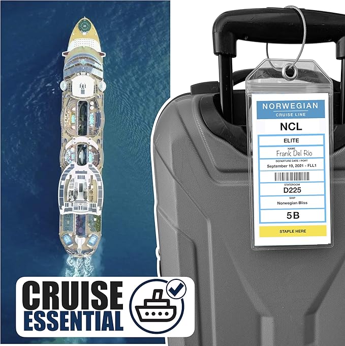 Cruise On NCL Cruise Luggage Tag Holder (4 Pack) – Fits Printed Norwegian Ship Tags – 2026 & 2027 Cruise Essentials – Clear, Durable & Waterproof Luggage Tags for Smooth Sailing